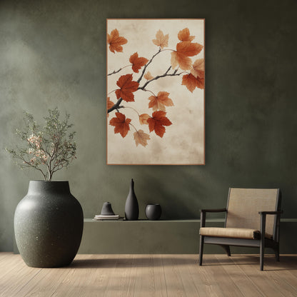 Russet Maple Branch Japandi Botanical wall art in a calm Japandi-style room – maple branch with rust orange and peach