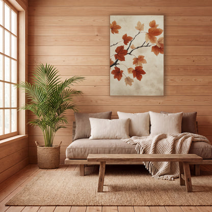 Russet Maple Branch Japandi Botanical wall art in a calm Japandi-style room – maple branch with rust orange and peach
