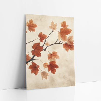 Russet Maple Branch Japandi Botanical art print leaning against a white wall – maple branch with rust orange and peach leaves
