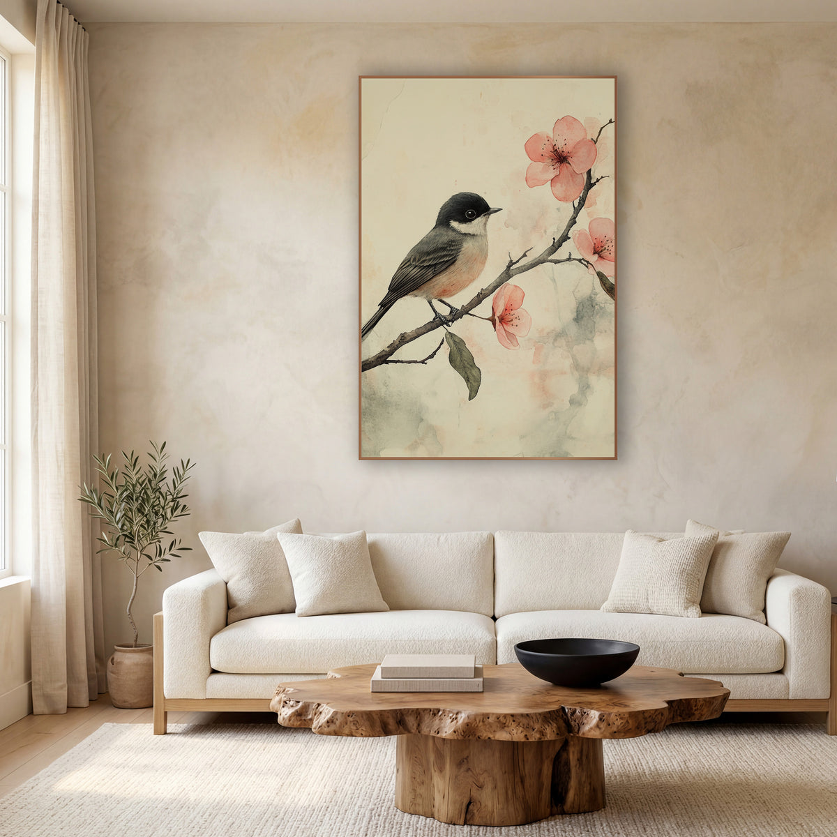 Songbird on Blossom Branch Japandi wall art in a calm Japandi-style room – small songbird with dark cap on a bare
