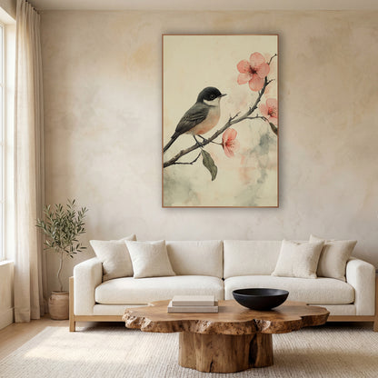 Songbird on Blossom Branch Japandi wall art in a calm Japandi-style room – small songbird with dark cap on a bare