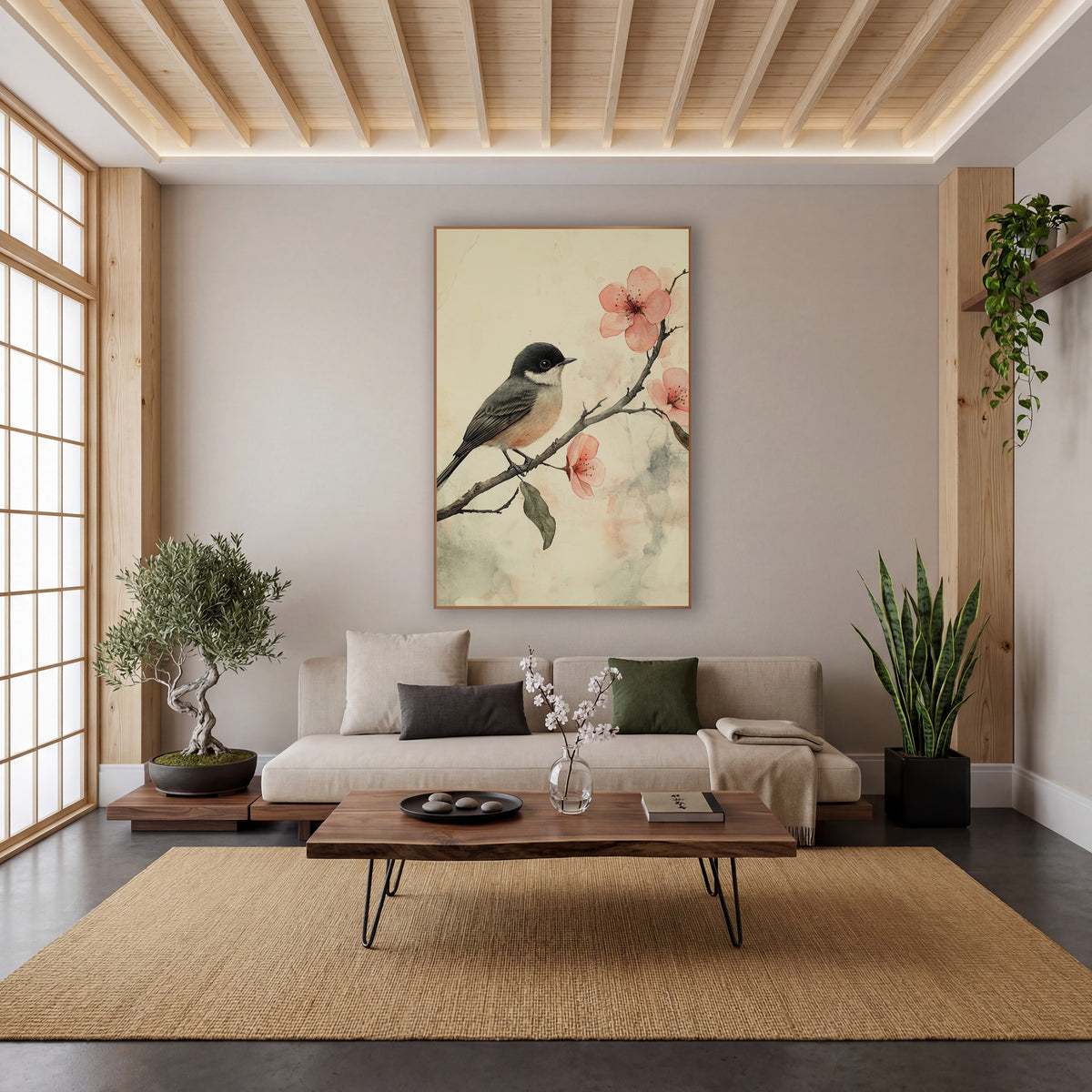 Songbird on Blossom Branch Japandi wall art in a calm Japandi-style room – small songbird with dark cap on a bare
