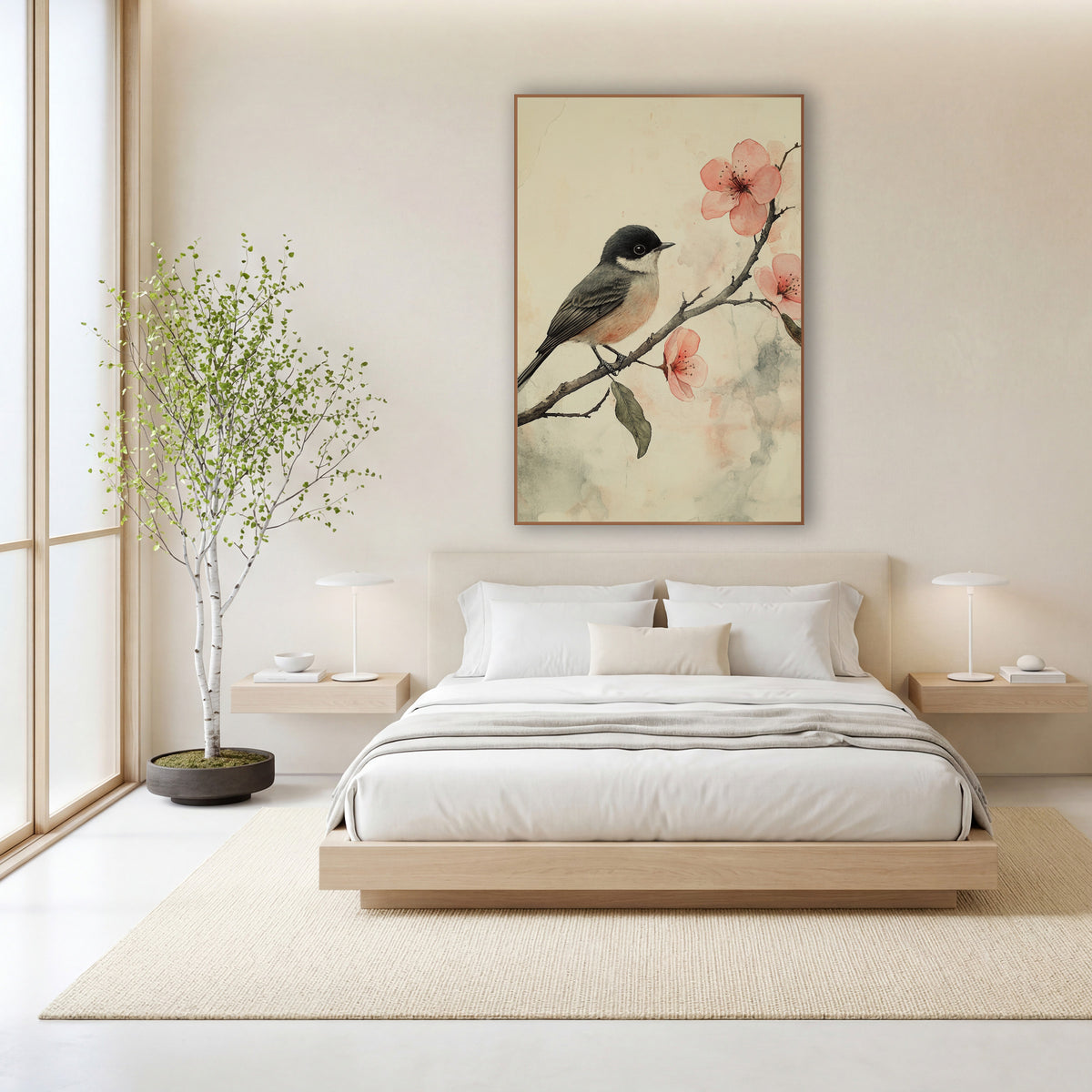 Songbird on Blossom Branch Japandi wall art in a calm Japandi-style room – small songbird with dark cap on a bare