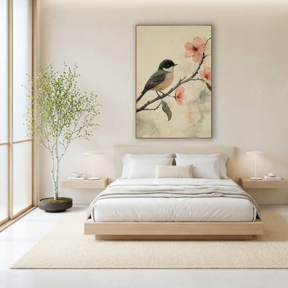 Songbird on Blossom Branch Japandi wall art in a calm Japandi-style room – small songbird with dark cap on a bare