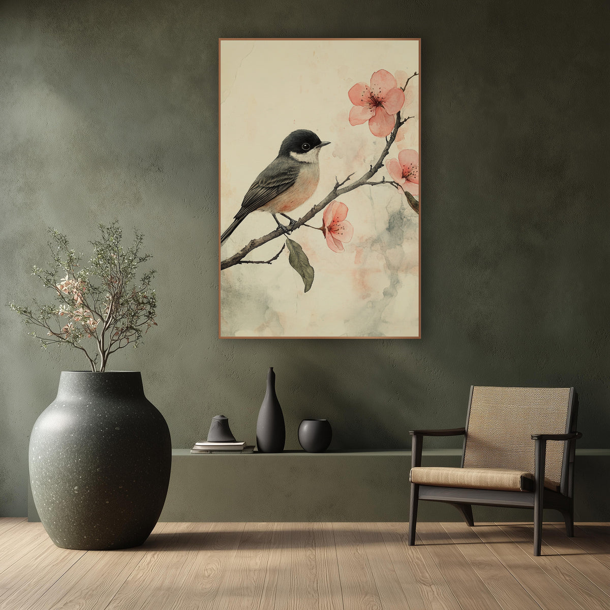 Songbird on Blossom Branch Japandi wall art in a calm Japandi-style room – small songbird with dark cap on a bare