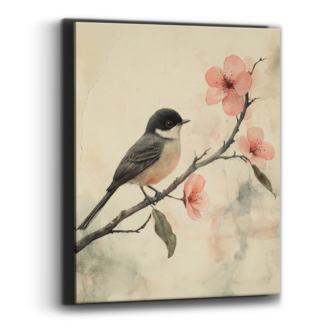 Songbird on Blossom Branch Japandi Canvas Wall Art