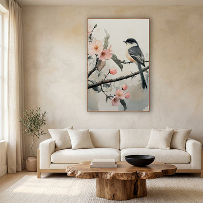 Gray Chickadee Misty Blossom Watercolor wall art in a calm Japandi-style room – small gray and white songbird perched