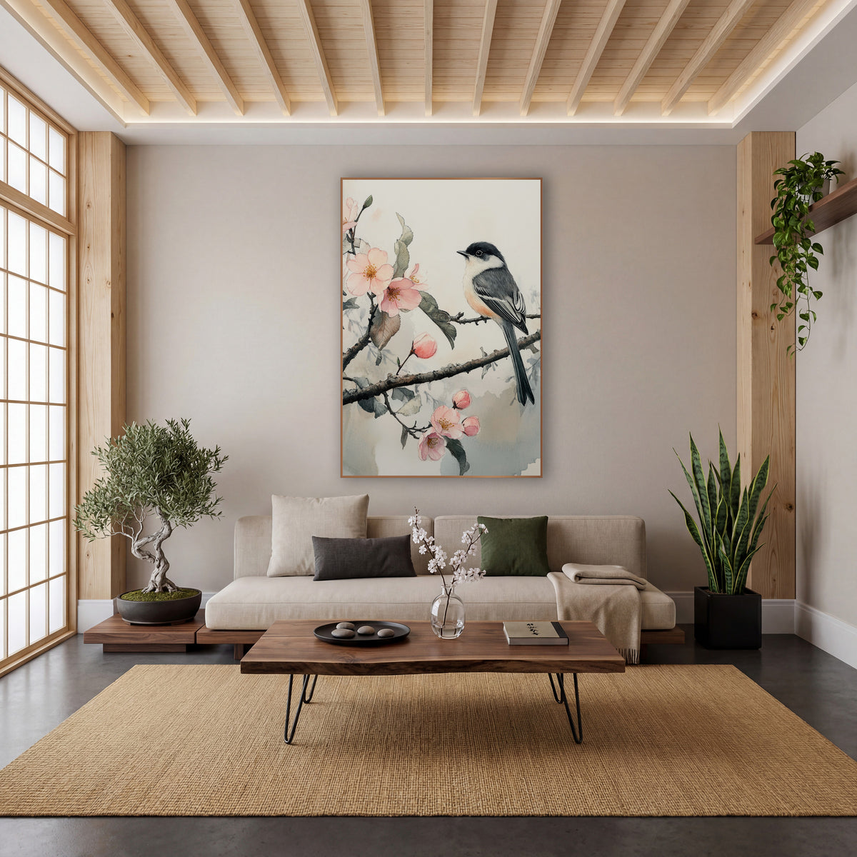 Gray Chickadee Misty Blossom Watercolor wall art in a calm Japandi-style room – small gray and white songbird perched