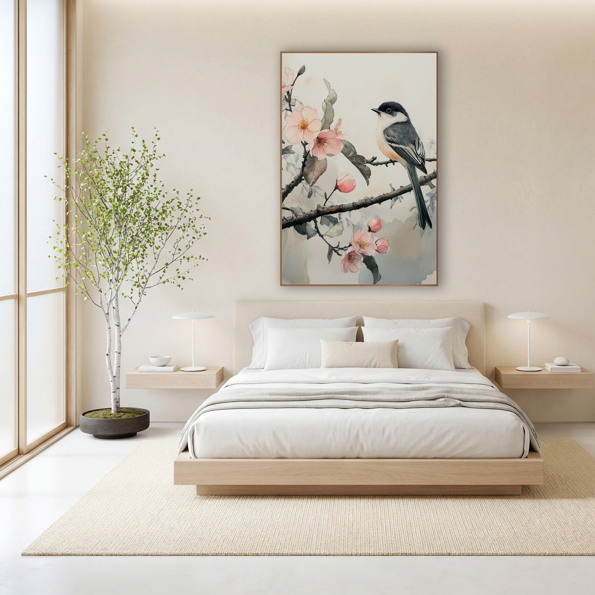 Gray Chickadee Misty Blossom Watercolor wall art in a calm Japandi-style room – small gray and white songbird perched
