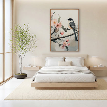 Gray Chickadee Misty Blossom Watercolor wall art in a calm Japandi-style room – small gray and white songbird perched