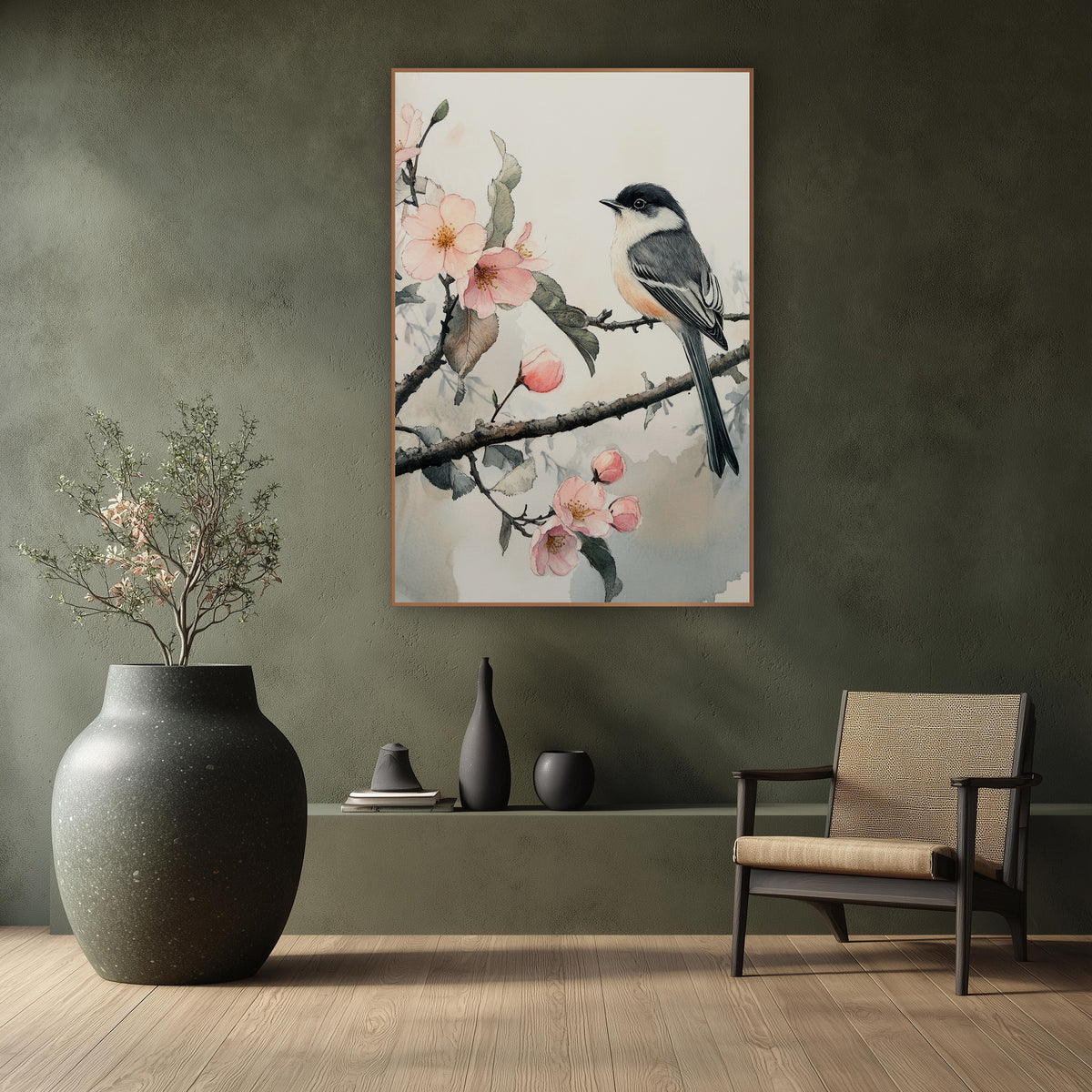 Gray Chickadee Misty Blossom Watercolor wall art in a calm Japandi-style room – small gray and white songbird perched