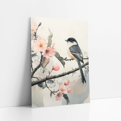 Gray Chickadee Misty Blossom Watercolor art print leaning against a white wall – small gray and white songbird perched