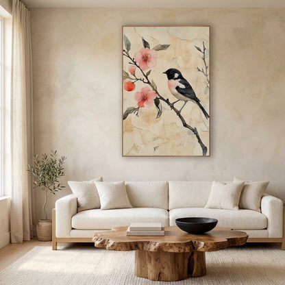 Black Pink Songbird Coral Blossom Japandi wall art in a calm Japandi-style room – black and white songbird with pink
