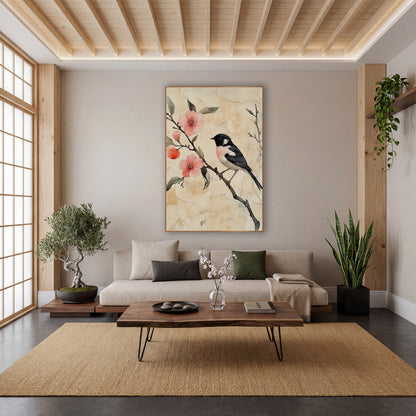 Black Pink Songbird Coral Blossom Japandi wall art in a calm Japandi-style room – black and white songbird with pink