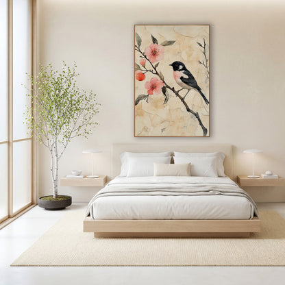 Black Pink Songbird Coral Blossom Japandi wall art in a calm Japandi-style room – black and white songbird with pink