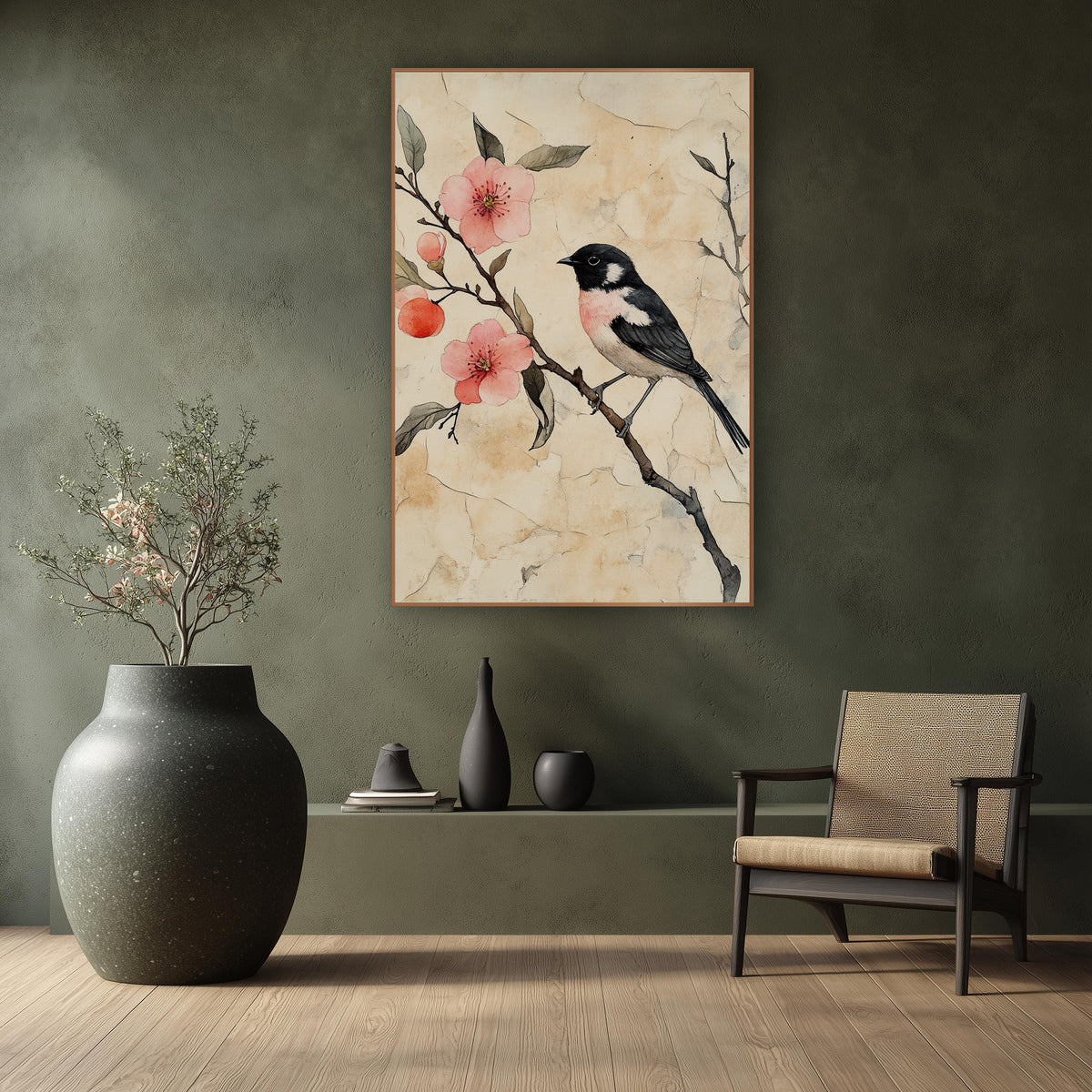 Black Pink Songbird Coral Blossom Japandi wall art in a calm Japandi-style room – black and white songbird with pink