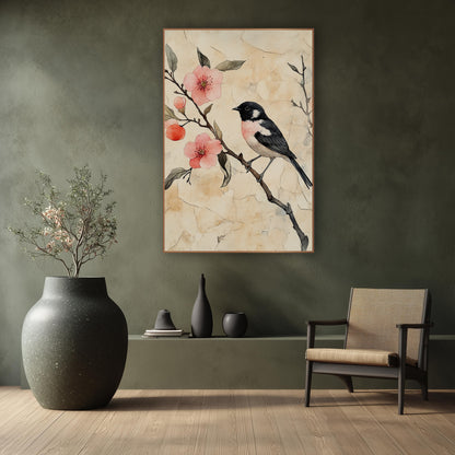 Black Pink Songbird Coral Blossom Japandi wall art in a calm Japandi-style room – black and white songbird with pink