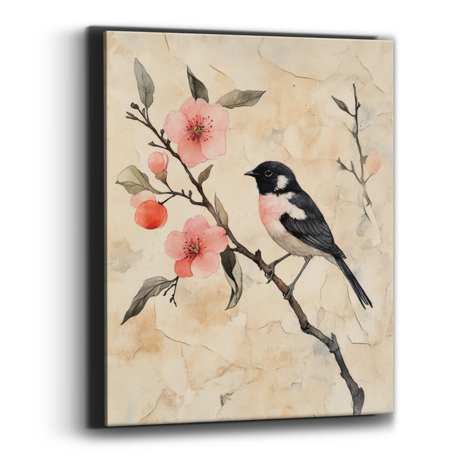 Black Pink Songbird Coral Blossom Japandi Canvas Wall Art