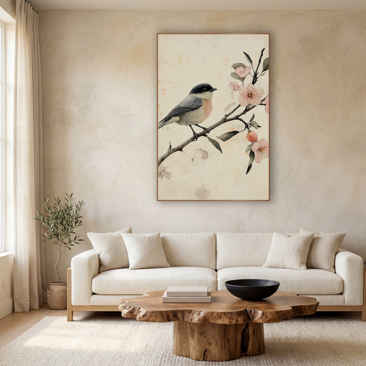 Songbird and Pink Blossom Branch Japandi wall art in a calm Japandi-style room – small gray bird with dark cap perched