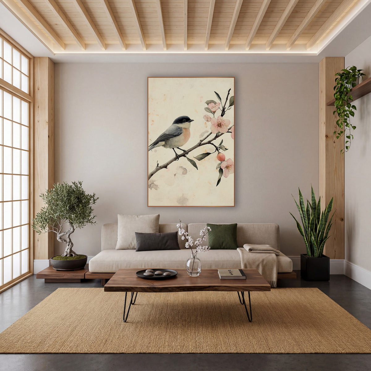 Songbird and Pink Blossom Branch Japandi wall art in a calm Japandi-style room – small gray bird with dark cap perched