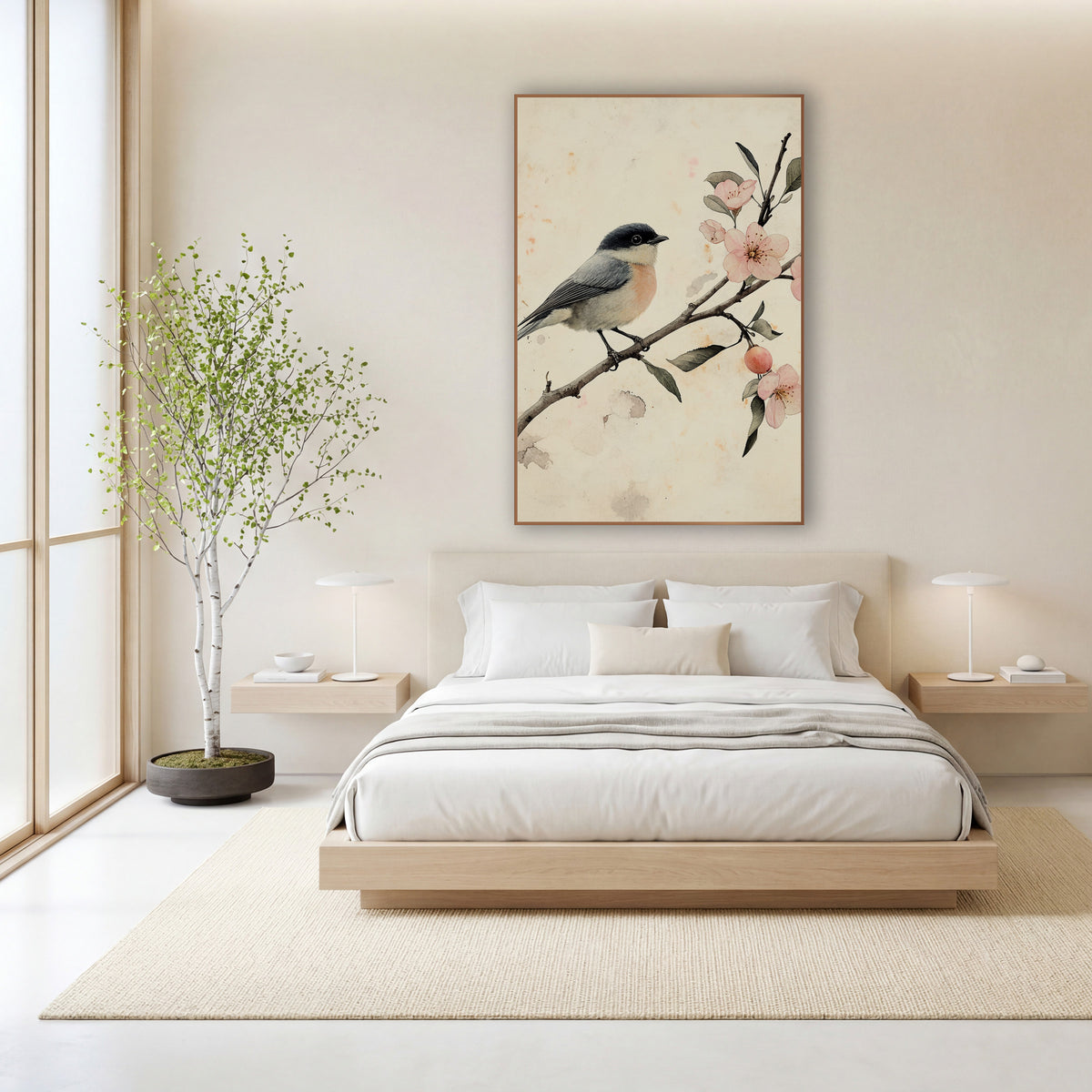 Songbird and Pink Blossom Branch Japandi wall art in a calm Japandi-style room – small gray bird with dark cap perched