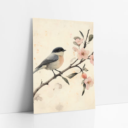 Songbird and Pink Blossom Branch Japandi art print leaning against a white wall – small gray bird with dark cap perched