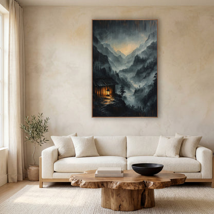 Rain Streaked Cabin Lantern Glow wall art in a calm Japandi-style room – misty mountain valley at night with a small