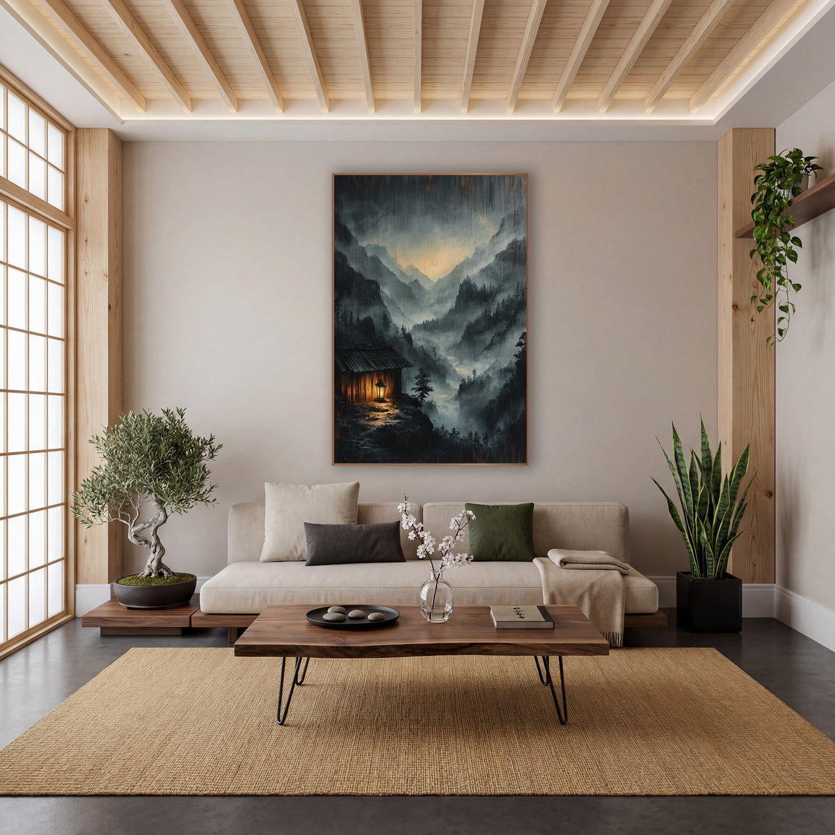 Rain Streaked Cabin Lantern Glow wall art in a calm Japandi-style room – misty mountain valley at night with a small