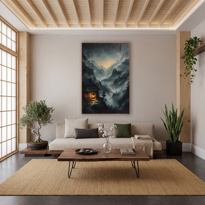 Rain Streaked Cabin Lantern Glow wall art in a calm Japandi-style room – misty mountain valley at night with a small