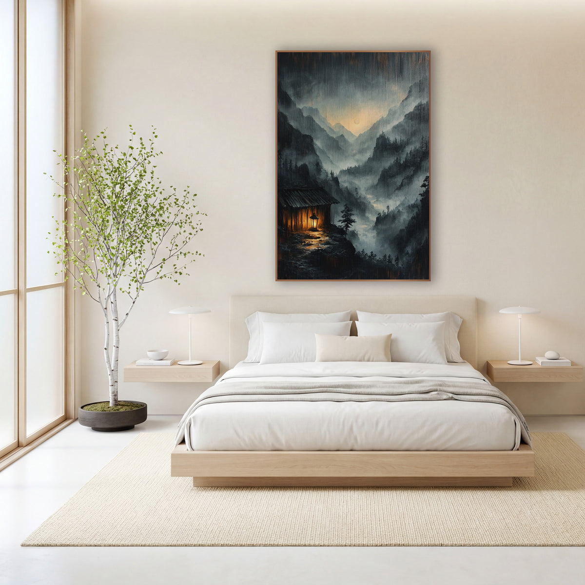Rain Streaked Cabin Lantern Glow wall art in a calm Japandi-style room – misty mountain valley at night with a small