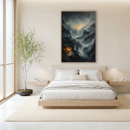 Rain Streaked Cabin Lantern Glow wall art in a calm Japandi-style room – misty mountain valley at night with a small