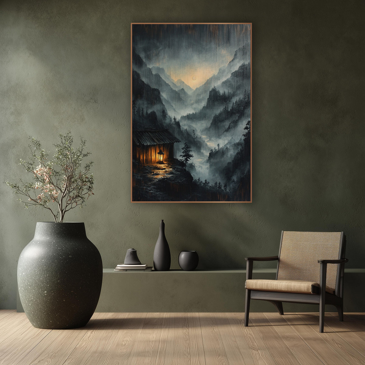 Rain Streaked Cabin Lantern Glow wall art in a calm Japandi-style room – misty mountain valley at night with a small