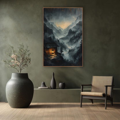 Rain Streaked Cabin Lantern Glow wall art in a calm Japandi-style room – misty mountain valley at night with a small