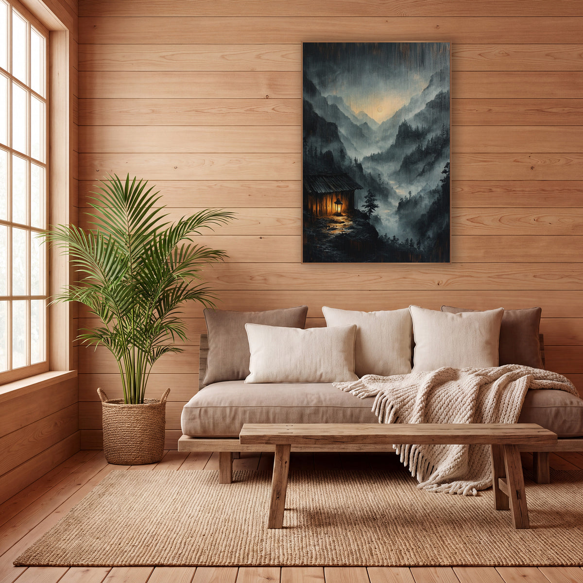 Rain Streaked Cabin Lantern Glow wall art in a calm Japandi-style room – misty mountain valley at night with a small