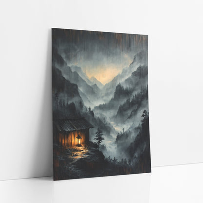 Rain Streaked Cabin Lantern Glow art print leaning against a white wall – misty mountain valley at night with a small wooden