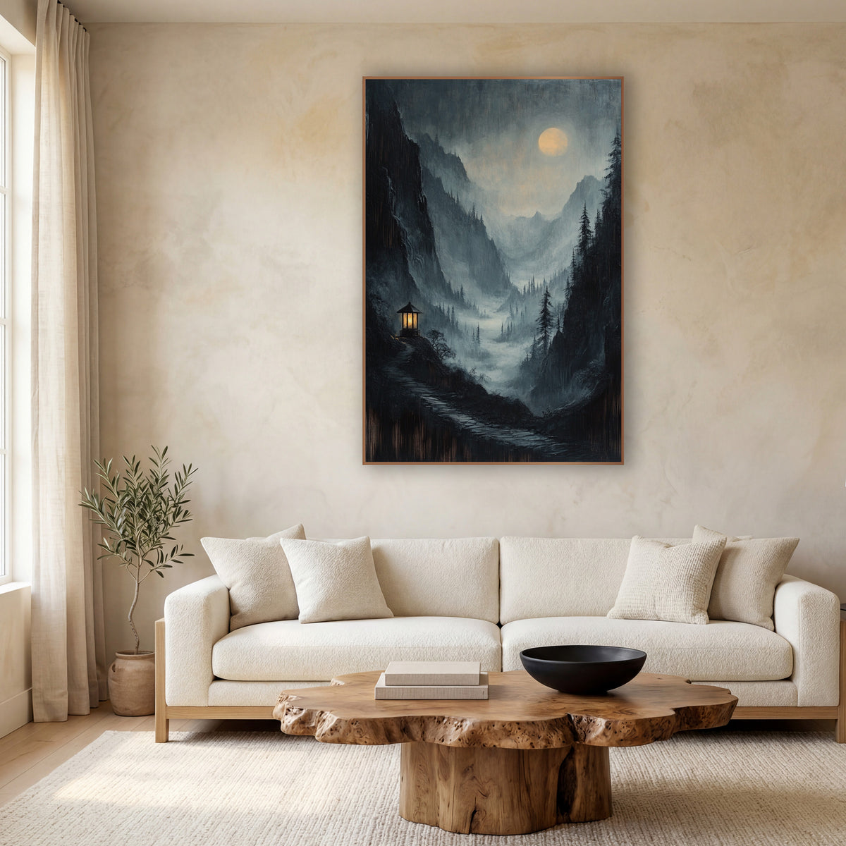 Stone Path Pavilion Moonrise Mist wall art in a calm Japandi-style room – moody mountain valley in mist