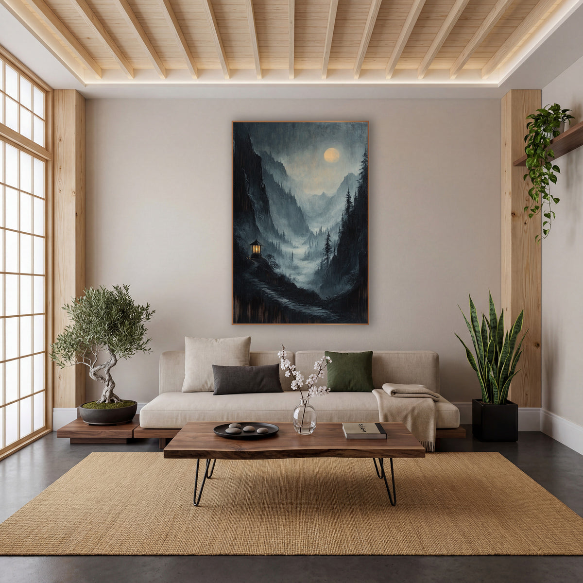 Stone Path Pavilion Moonrise Mist wall art in a calm Japandi-style room – moody mountain valley in mist