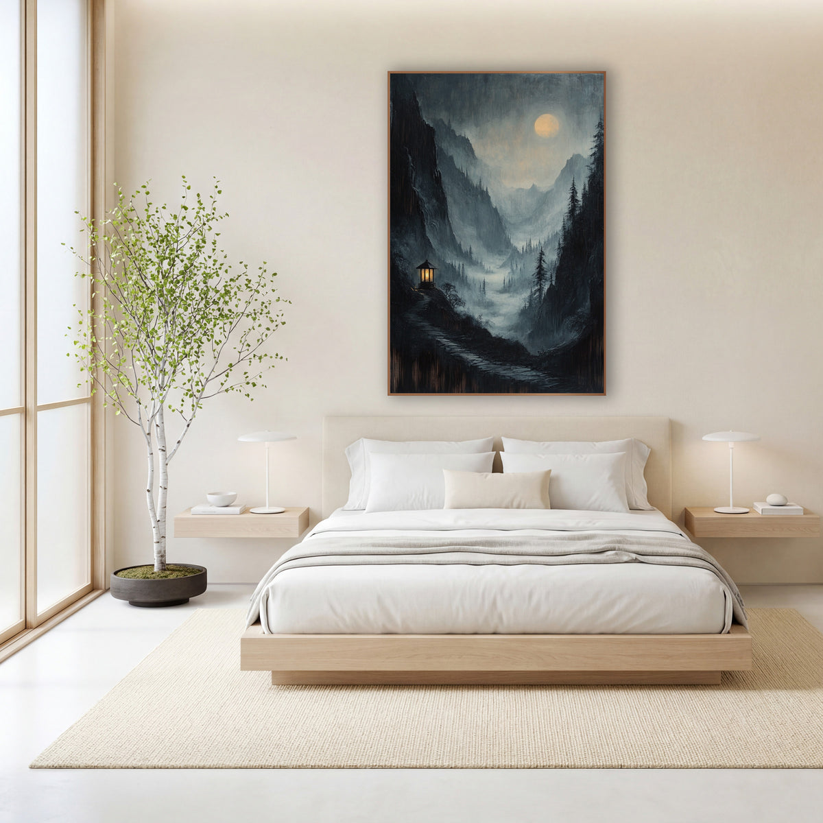 Stone Path Pavilion Moonrise Mist wall art in a calm Japandi-style room – moody mountain valley in mist