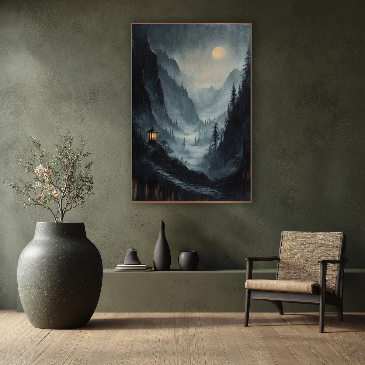 Stone Path Pavilion Moonrise Mist wall art in a calm Japandi-style room – moody mountain valley in mist