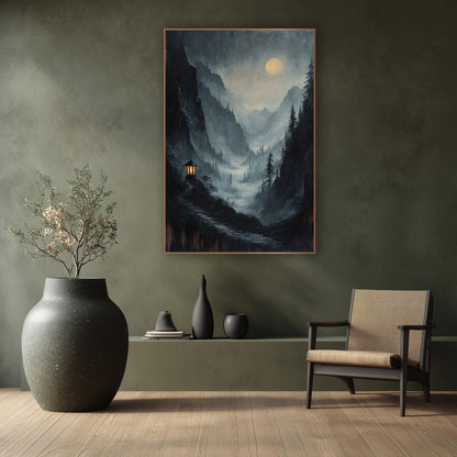 Stone Path Pavilion Moonrise Mist wall art in a calm Japandi-style room – moody mountain valley in mist