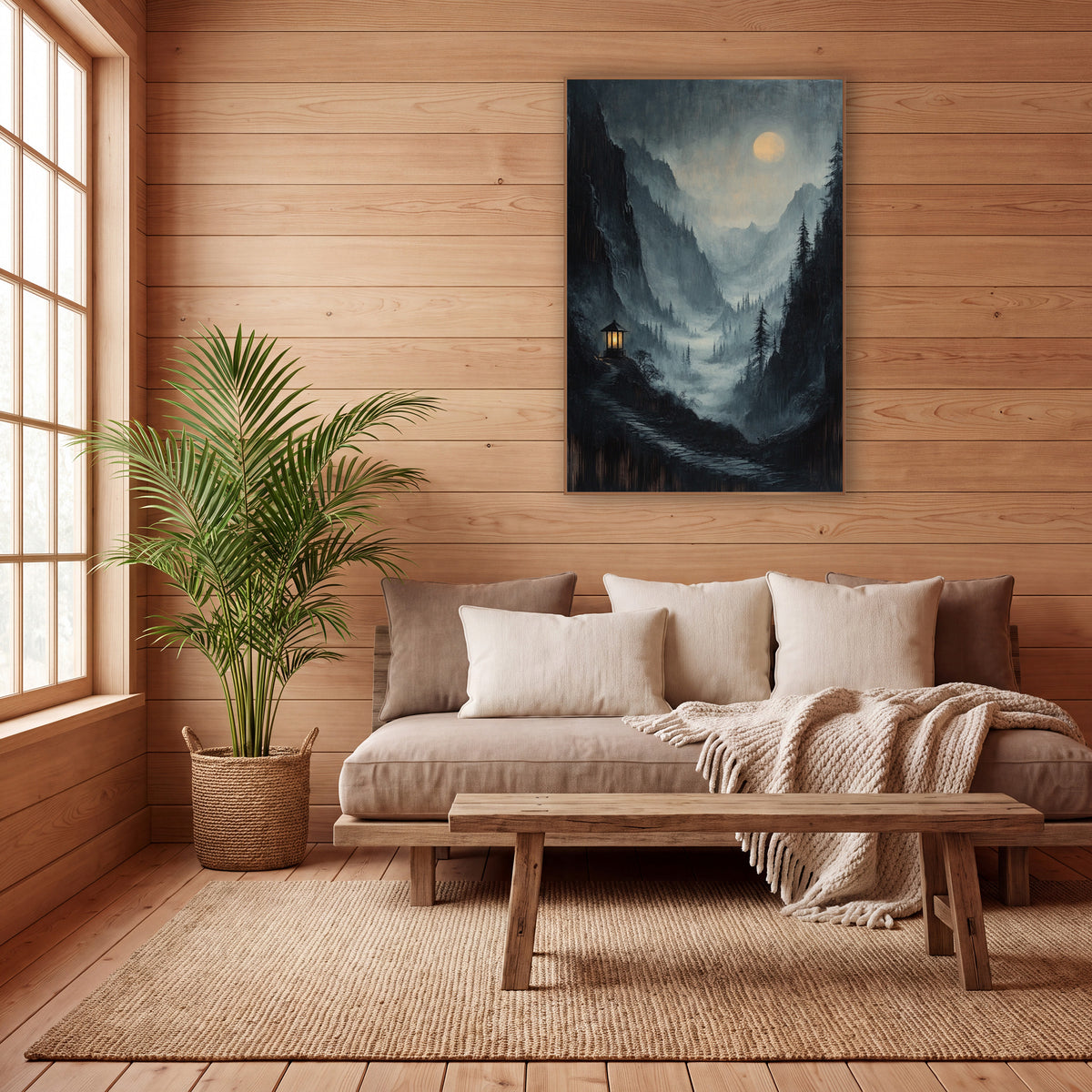 Stone Path Pavilion Moonrise Mist wall art in a calm Japandi-style room – moody mountain valley in mist