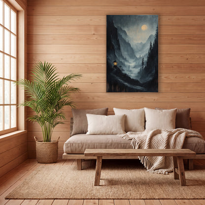 Stone Path Pavilion Moonrise Mist wall art in a calm Japandi-style room – moody mountain valley in mist