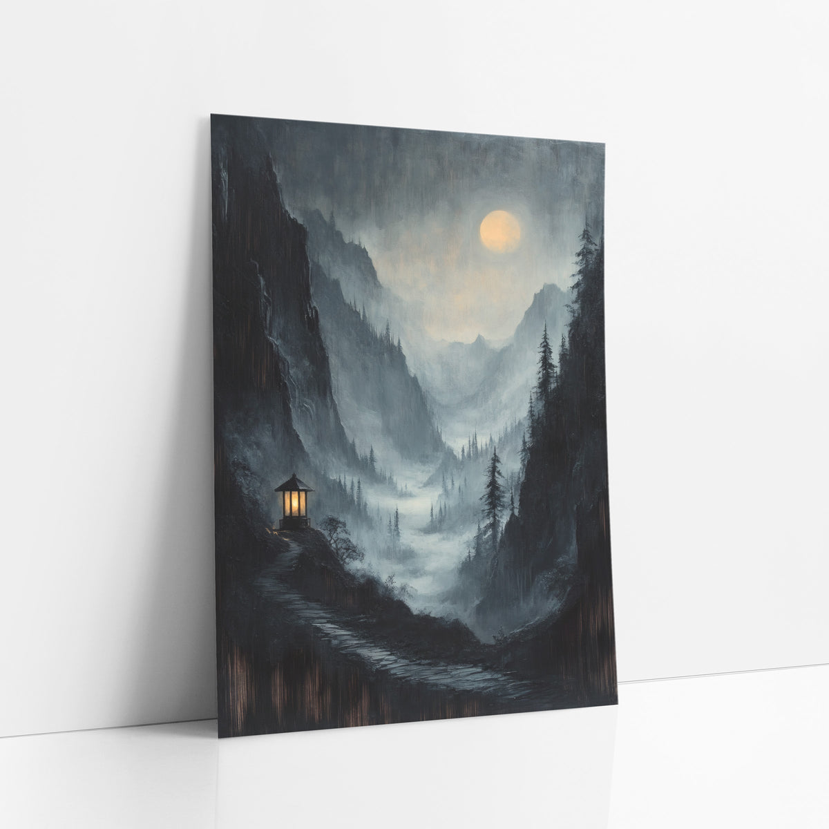 Stone Path Pavilion Moonrise Mist art print leaning against a white wall – moody mountain valley in mist, with a glowing