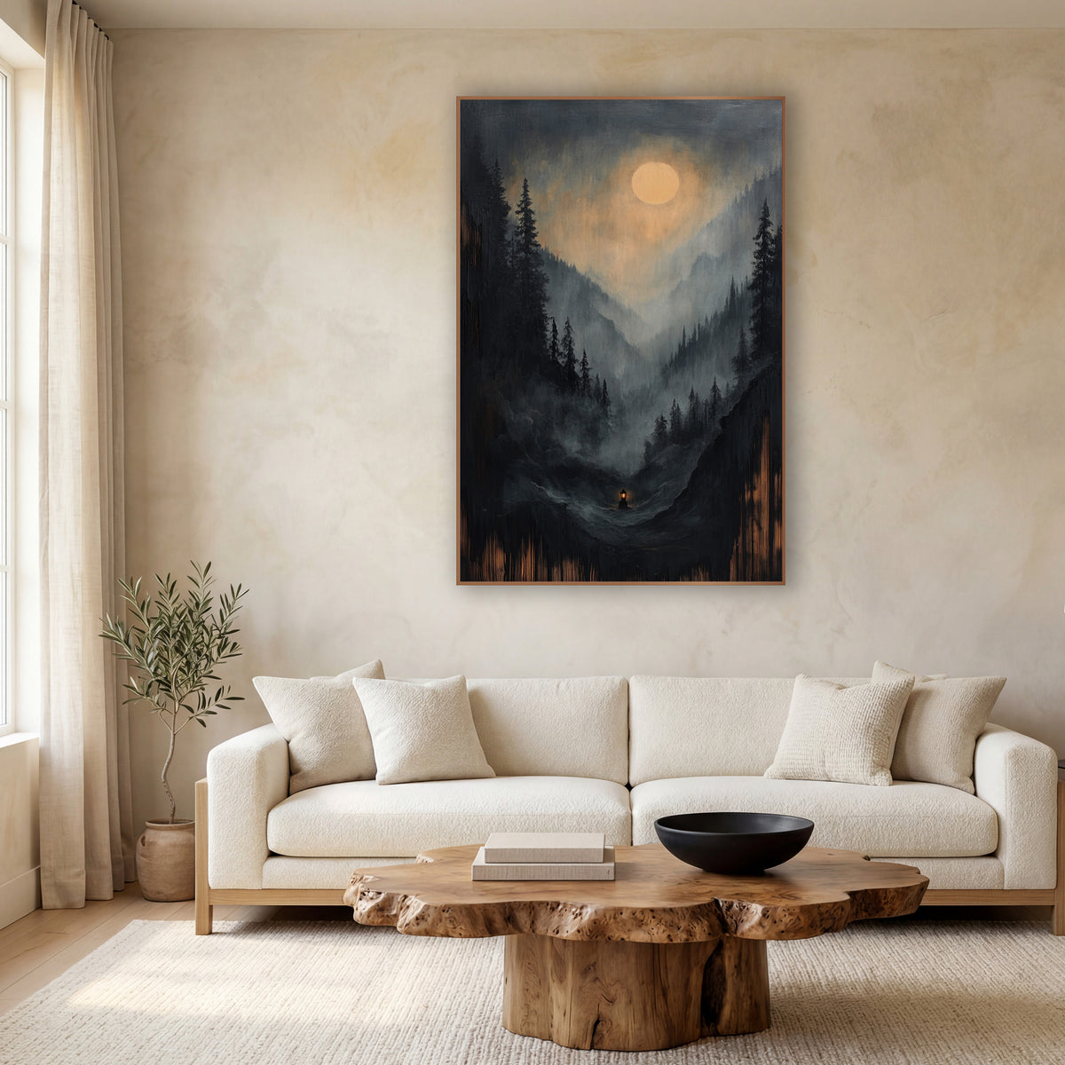 Lone Lantern Valley Floor Moon wall art in a calm Japandi-style room – misty mountain valley with dark evergreens