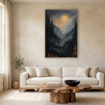 Lone Lantern Valley Floor Moon wall art in a calm Japandi-style room – misty mountain valley with dark evergreens