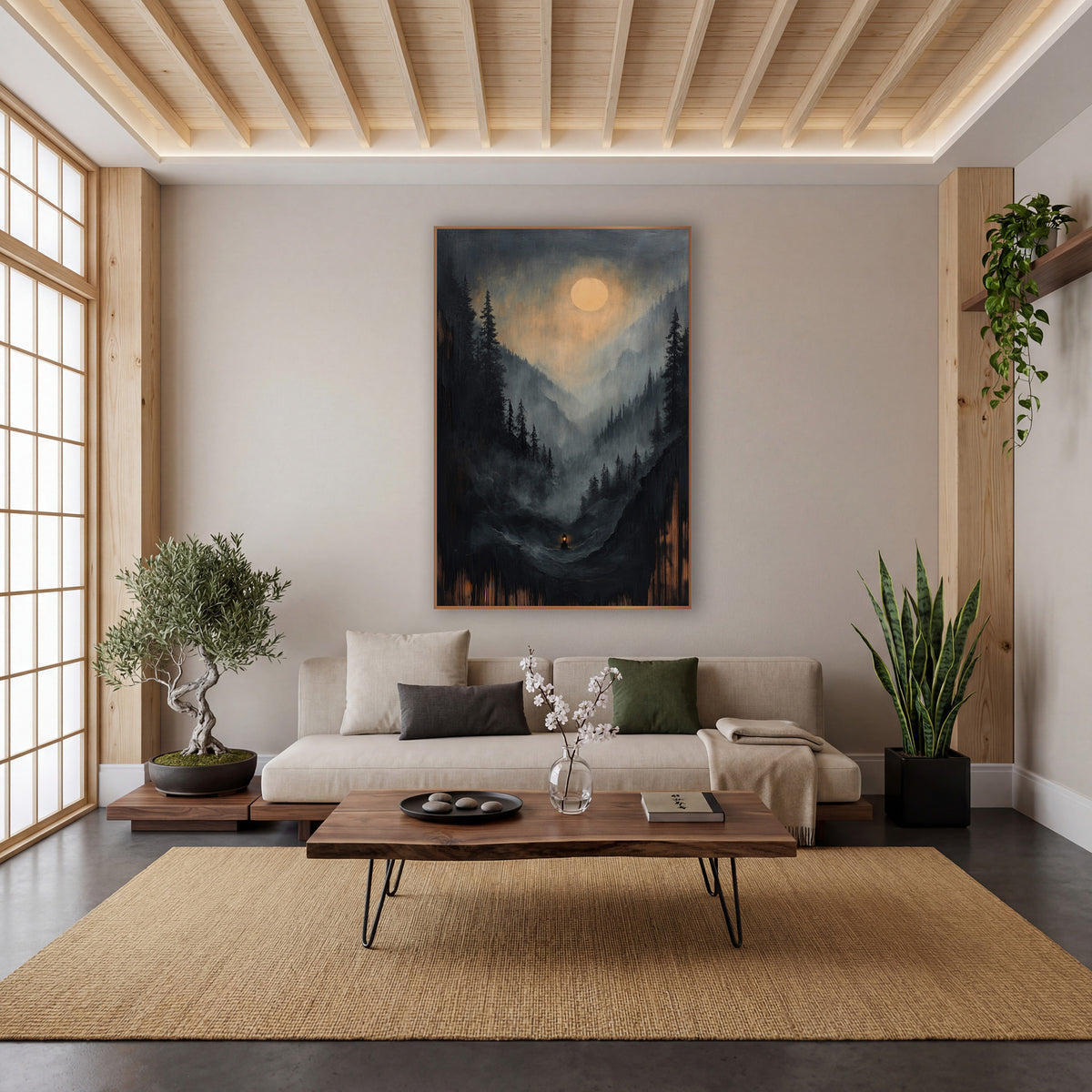 Lone Lantern Valley Floor Moon wall art in a calm Japandi-style room – misty mountain valley with dark evergreens