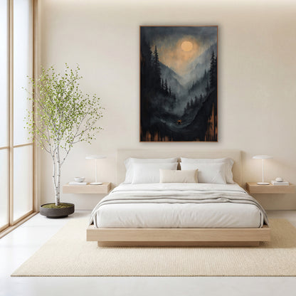 Lone Lantern Valley Floor Moon wall art in a calm Japandi-style room – misty mountain valley with dark evergreens