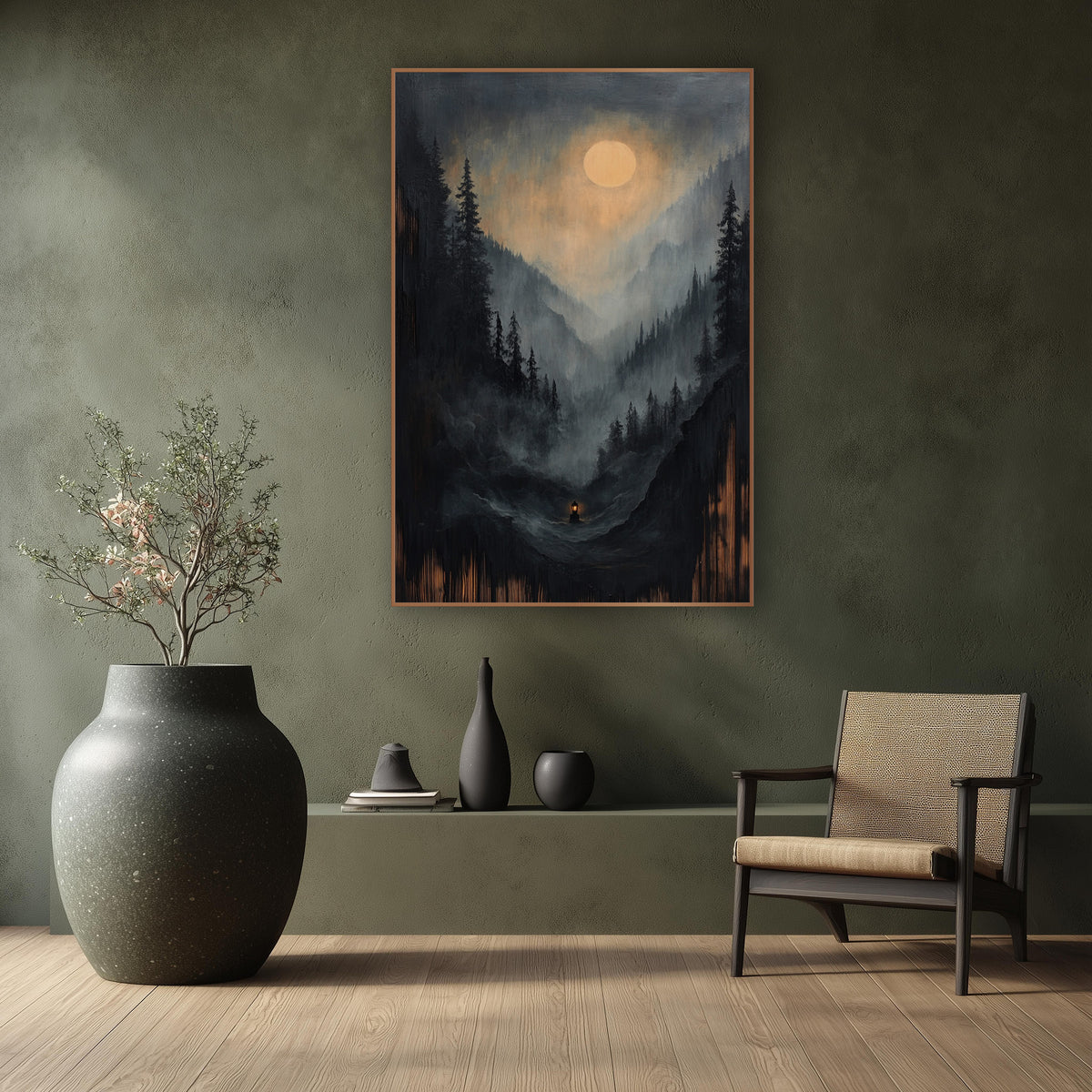 Lone Lantern Valley Floor Moon wall art in a calm Japandi-style room – misty mountain valley with dark evergreens