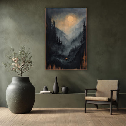 Lone Lantern Valley Floor Moon wall art in a calm Japandi-style room – misty mountain valley with dark evergreens