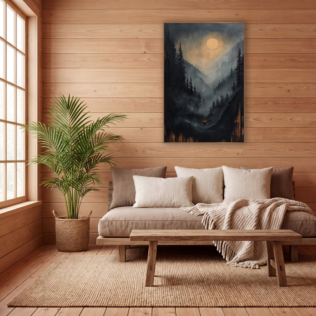 Lone Lantern Valley Floor Moon wall art in a calm Japandi-style room – misty mountain valley with dark evergreens